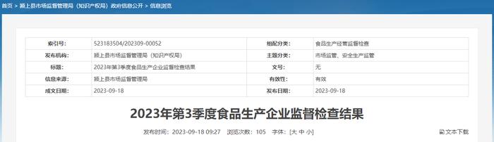 安徽省颍上县公布2023年第3季度食品生产企业监督检查结果