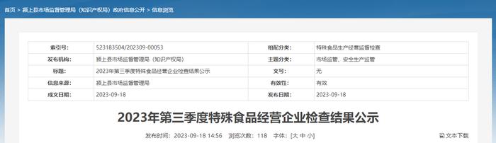 安徽省颍上县公示2023年第三季度特殊食品经营企业检查结果