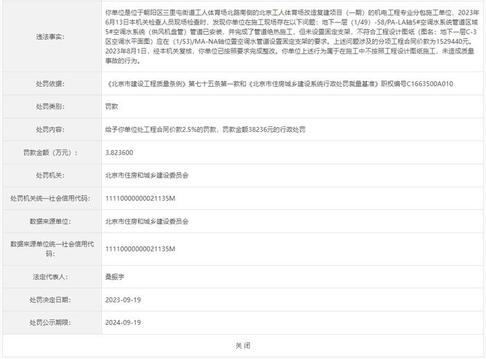 施工中不按照工程设计图纸施工  北京市设备安装工程集团有限公司被罚