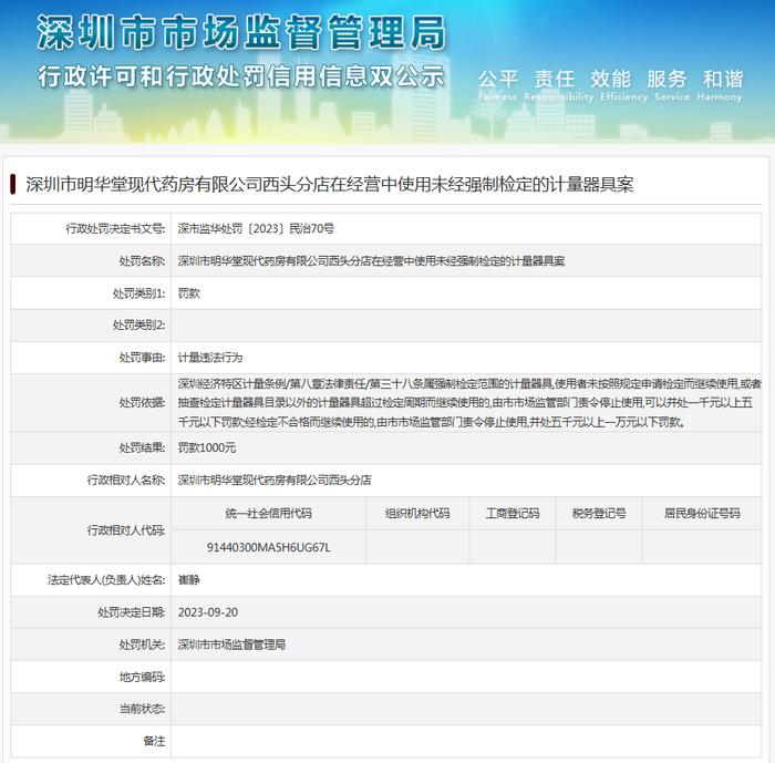 深圳市明华堂现代药房有限公司西头分店在经营中使用未经强制检定的计量器具案