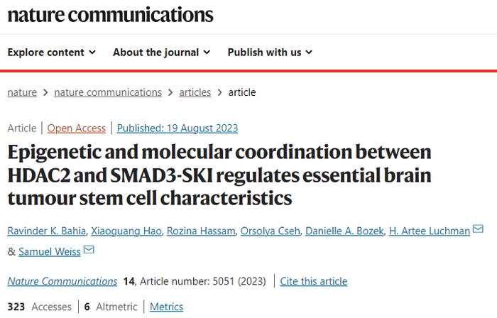 医药前沿│nature子刊：HDAC2 和 SMAD3-SKI 特异性相互作用对 BTSC 关键功能特征的影响