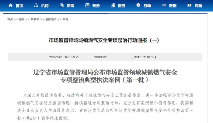 辽宁省市场监督管理局公布市场监管领域城镇燃气安全专项整治典型执法案例（第一批）