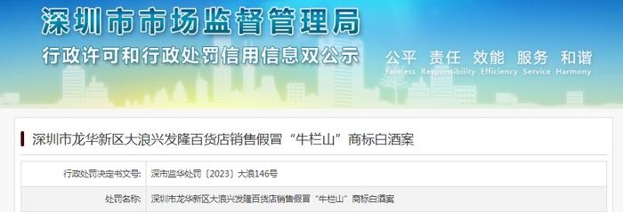 深圳市龙华新区大浪兴发隆百货店销售假冒“牛栏山”商标白酒被警告并罚款10000元