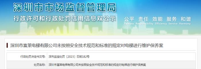 深圳市富莱电梯有限公司未按照安全技术规范和标准的规定对电梯进行维护保养被罚款10000元