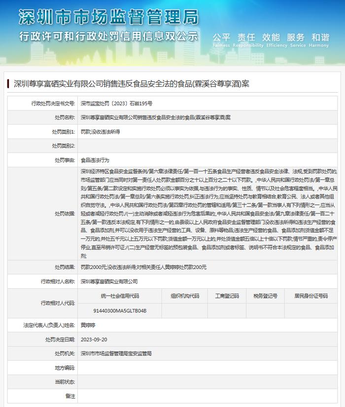 深圳尊享富硒实业有限公司销售违反食品安全法的食品（霖溪谷尊享酒）案