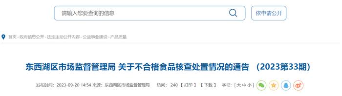 武汉市东西湖区市场监督管理局关于不合格食品核查处置情况的通告 （2023第33期）