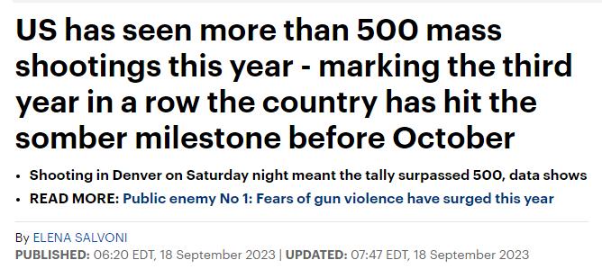 【世界说】美国枪支暴力再添可悲纪录：2023年大规模枪击已超500起 连续第三年在10月前达到这一数字