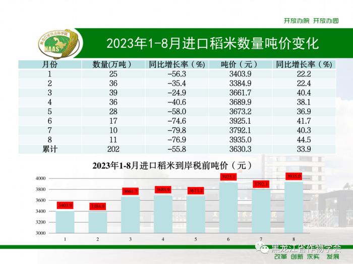 2023年1-8月我国进口粮食数量、吨价、主要来源国情况