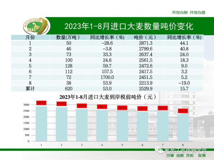 2023年1-8月我国进口粮食数量、吨价、主要来源国情况