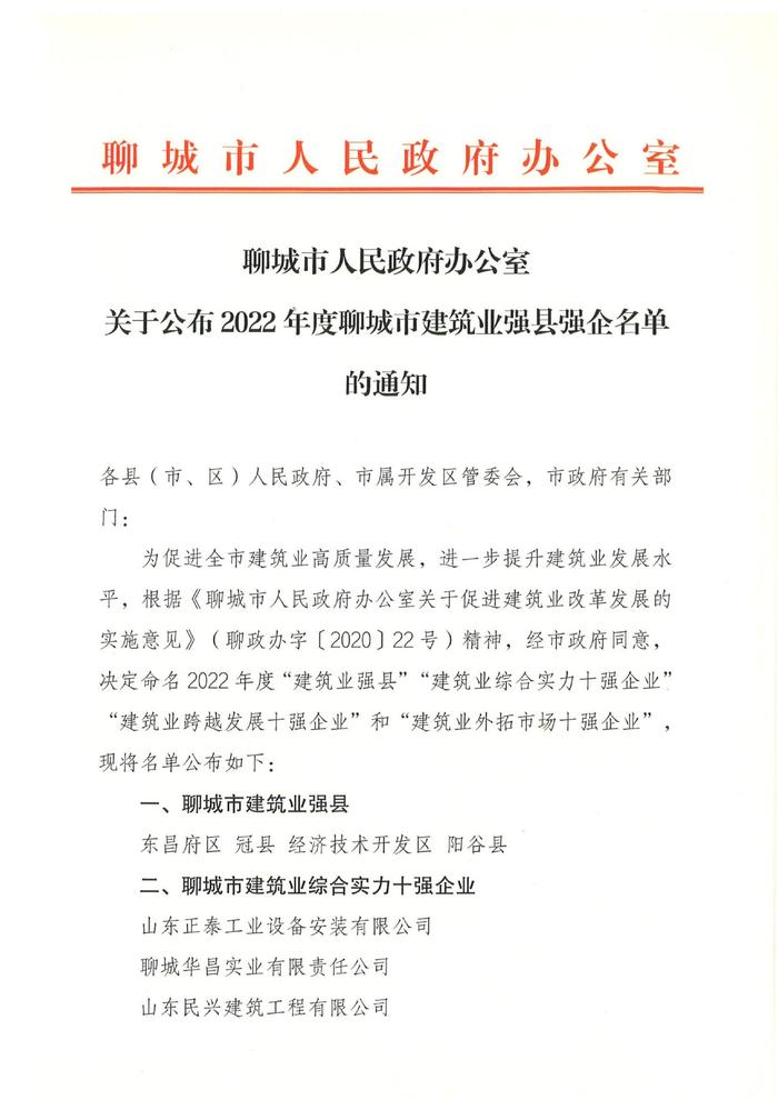 山东省聊城市人民政府办公室关于公布2022年度聊城市建筑业强县强企名单的通知