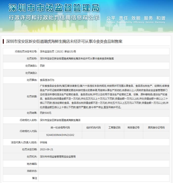 深圳市宝安区新安街道潮虎海鲜生腌店未经许可从事冷食类食品制售案