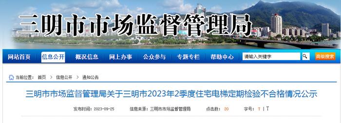 福建省三明市公示2023年第2季度定期检验不合格住宅电梯名单