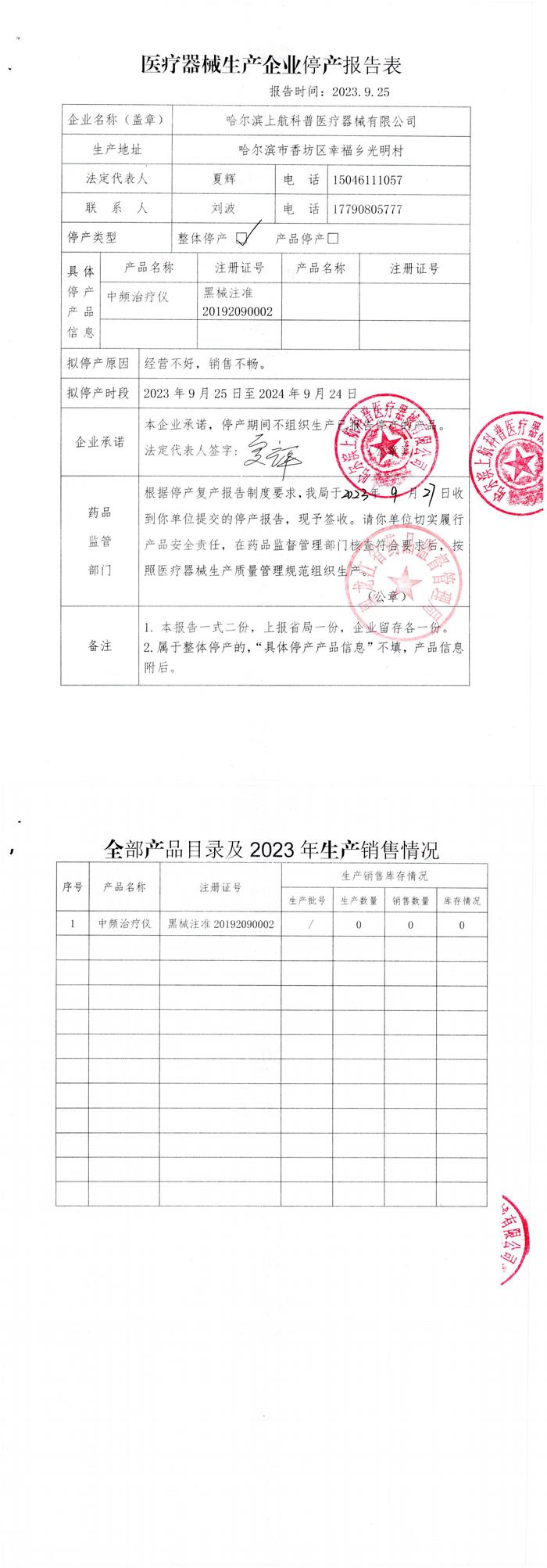 医疗器械生产企业停产报告表（哈尔滨上航科普医疗器械有限公司）