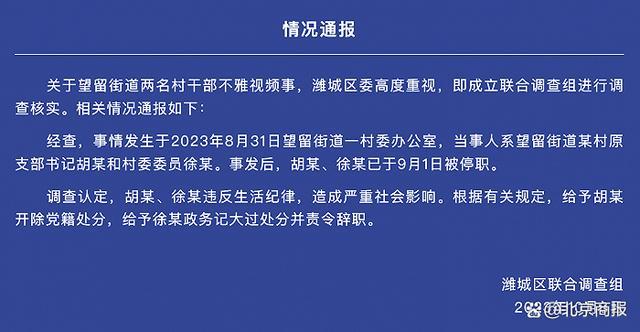 山东潍坊市潍城区通报“望留街道两名村干部不雅视频”：两人被处理