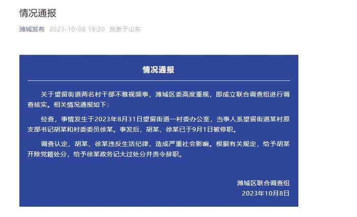 山东潍坊通报“望留街道两名村干部不雅视频”事件