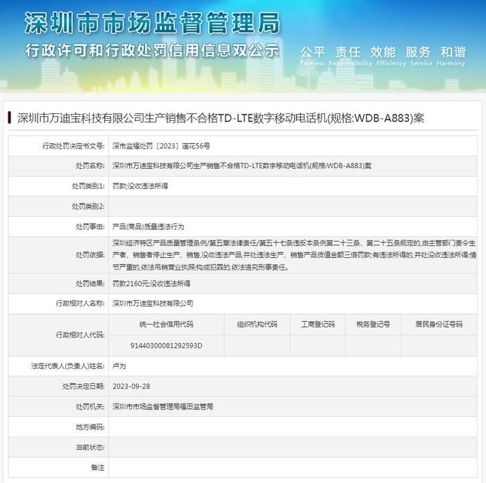 深圳市万迪宝科技有限公司生产销售不合格TD-LTE数字移动电话机(规格:WDB-A883)案