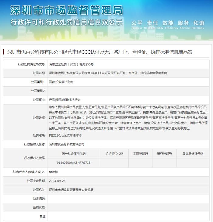 深圳市优百分科技有限公司经营未经CCC认证及无厂名厂址、合格证、执行标准信息商品案