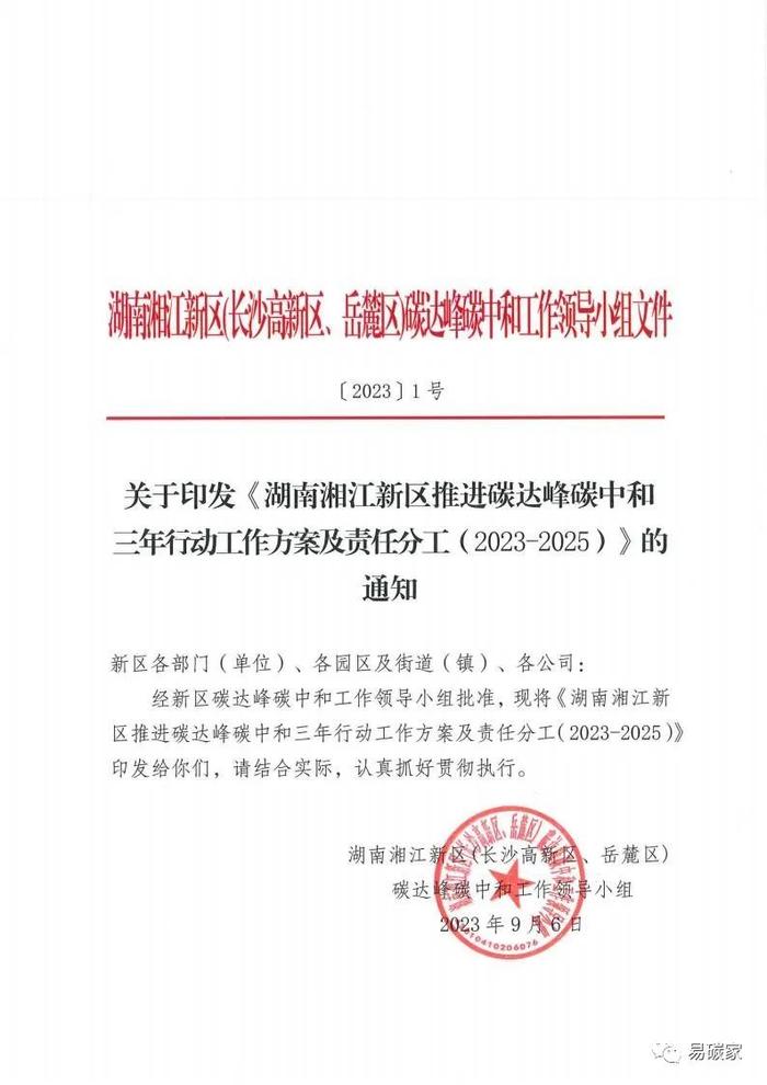 关于印发《湖南湘江新区推进碳达峰碳中和三年行动工作方案及责任分工（2023-2025）》的通知