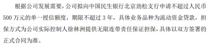 新赛点拟向银行申请不超过500万的授信 实际控制人徐林洲提供无限连带责任保证担保