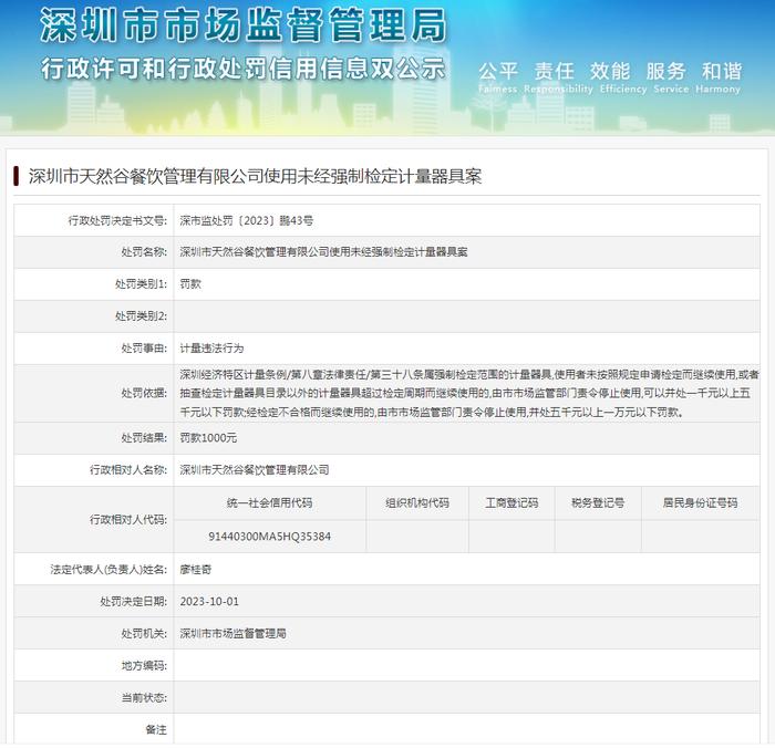 深圳市天然谷餐饮管理有限公司使用未经强制检定计量器具案