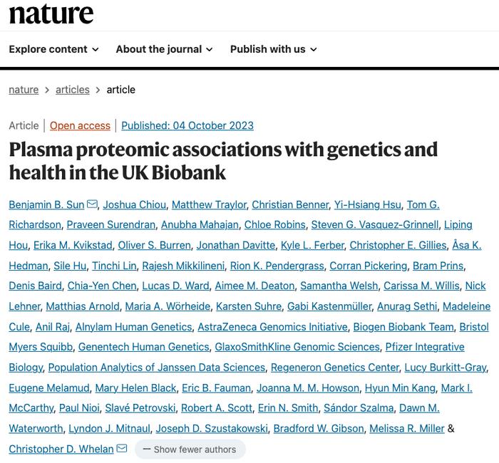 十多家制药巨头联合发表Nature论文，揭示血浆蛋白质组学与遗传和健康的关联