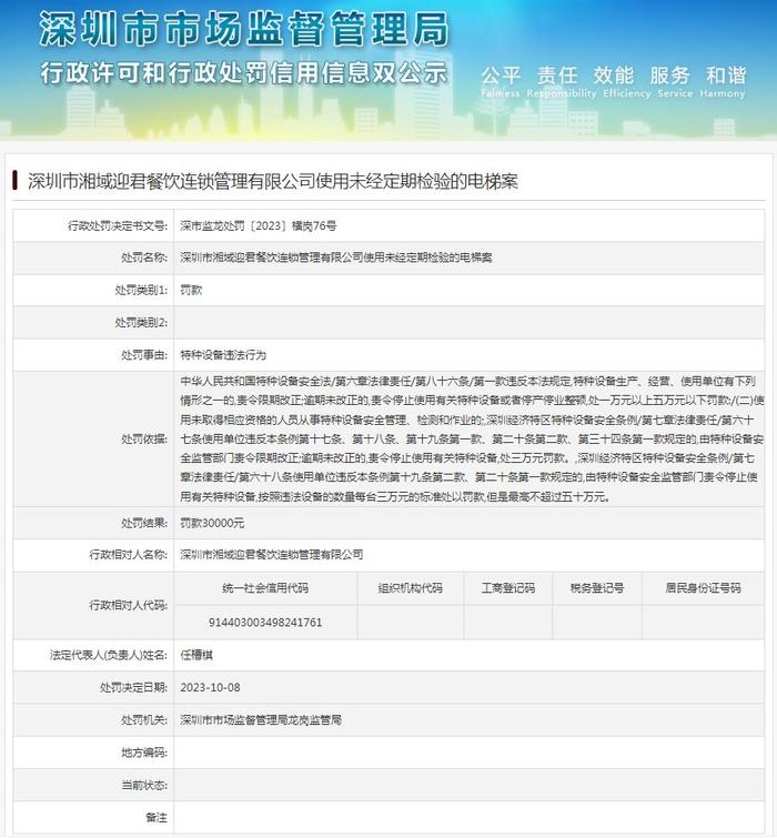 深圳市湘域迎君餐饮连锁管理有限公司使用未经定期检验的电梯案