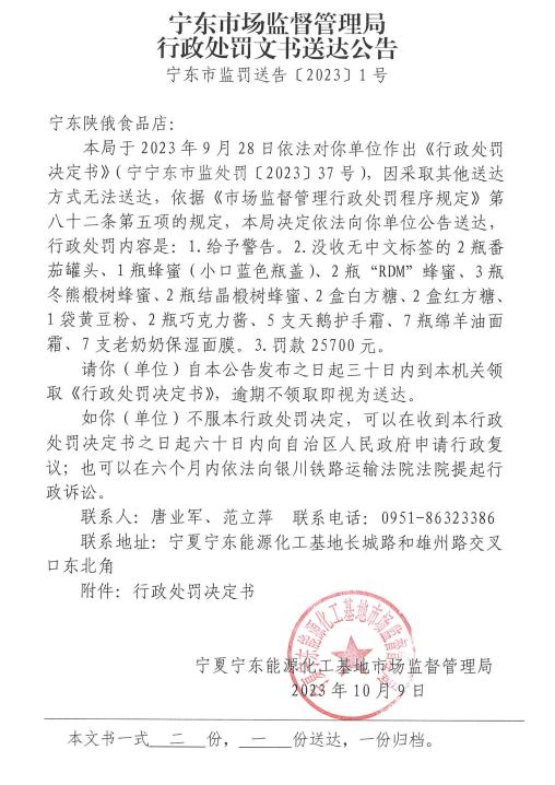 宁夏宁东市场监督管理局发布行政处罚文书送达公告（宁东市监罚送告[2023]1号）