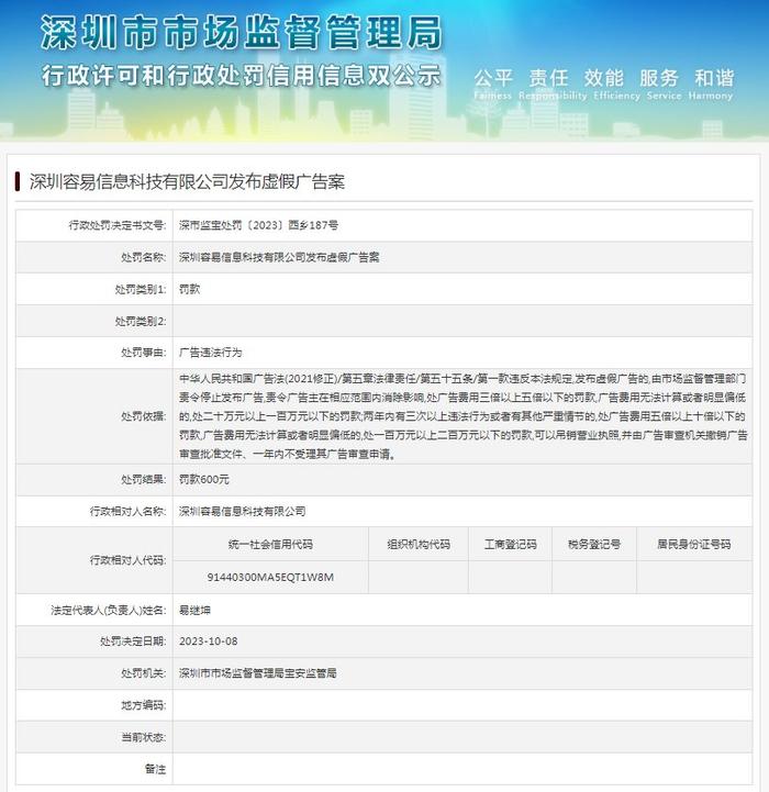 深圳容易信息科技有限公司发布虚假广告案