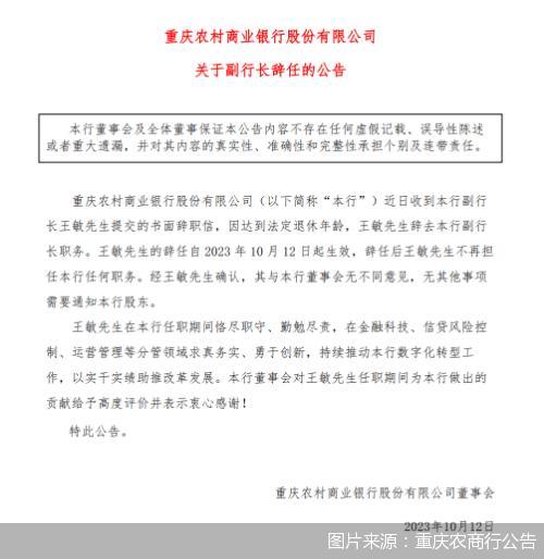 重庆农商行：副行长王敏、监事长杨小涛因达到法定退休年龄辞任