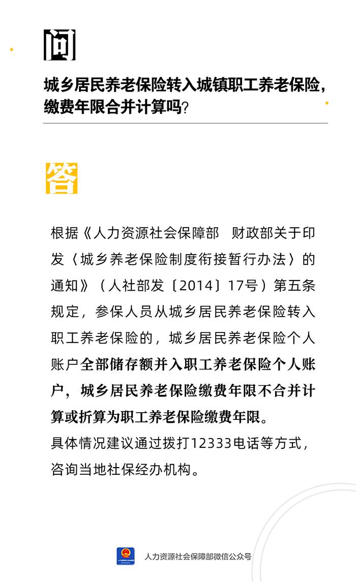 【人社日课·10月12日】城乡居民养老保险转入城镇职工养老保险，缴费年限合并计算吗？