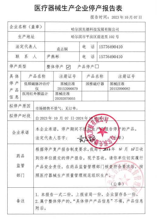 黑龙江省药监局医疗器械生产企业停产报告表（哈尔滨先德科技发展有限公司）