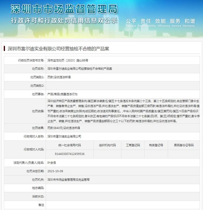 深圳市富尔迪实业有限公司经营抽检不合格的产品案