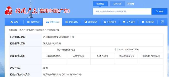 广州瀚启创意文化传播有限公司被罚款62560元