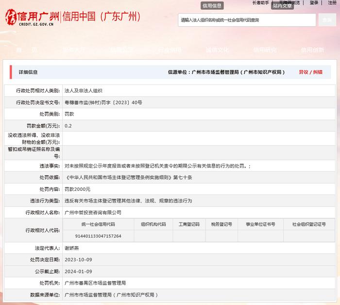 广州中哲投资咨询有限公司被罚款2000元