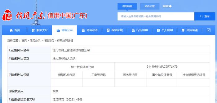 江门市驰云智能科技有限公司被罚款3.275万元