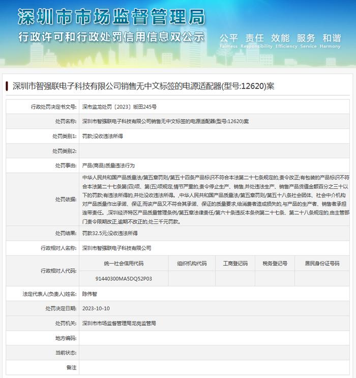 深圳市智强联电子科技有限公司销售无中文标签的电源适配器案