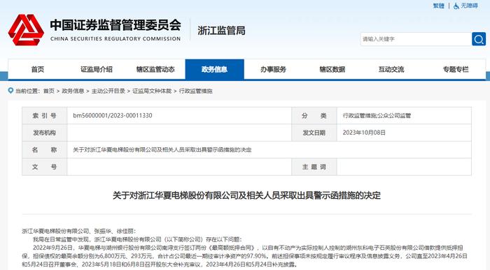 违规担保抵押，浙江华夏电梯股份有限公司及张振华、徐佳丽均被证监局警示！