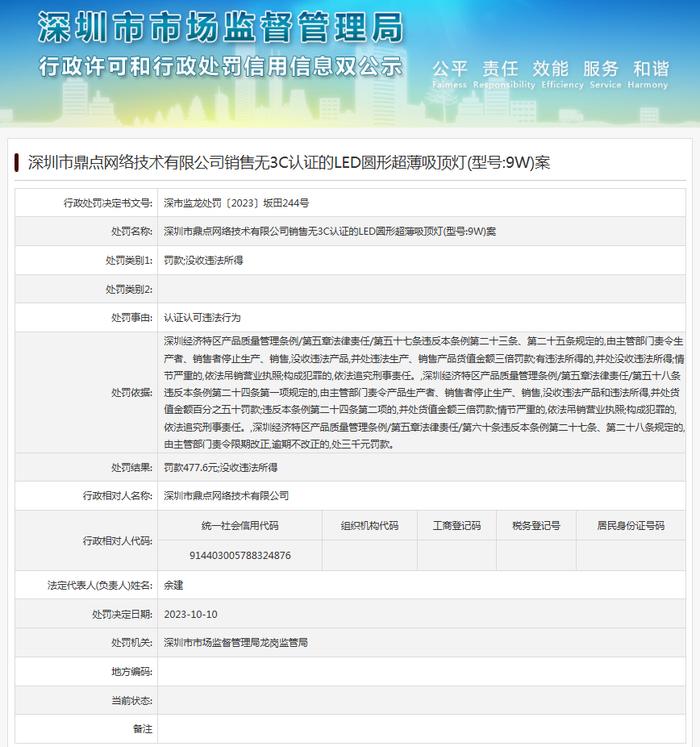 深圳市鼎点网络技术有限公司销售无3C认证的LED圆形超薄吸顶灯案