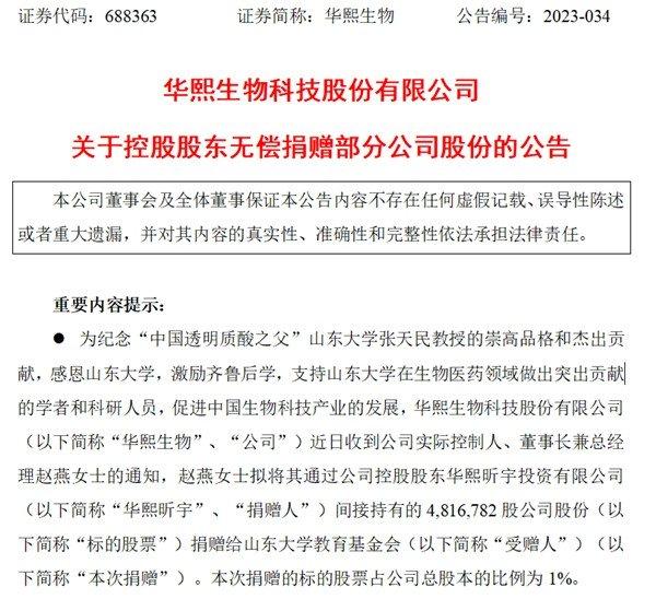 A股上市公司华熙生物董事长赵燕向山东大学无偿捐赠部分公司股份