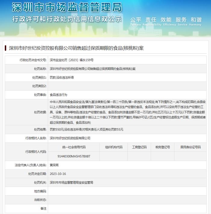 深圳市好世纪投资控股有限公司销售超过保质期限的食品(核桃粉)案