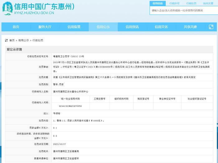 广东省惠州市惠阳区卫生健康局对惠州市惠阳区淡水鑫怡心休闲中心作出行政处罚