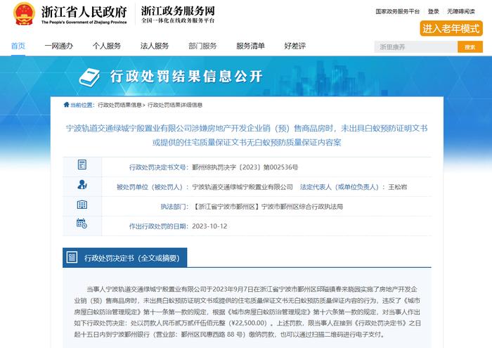 宁波轨道交通绿城宁殷置业有限公司因违规销（预）售商品房接连收2张罚单