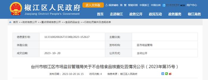 浙江省台州市椒江区市场监管局公示不合格食品核查处置情况（2023年第35号）