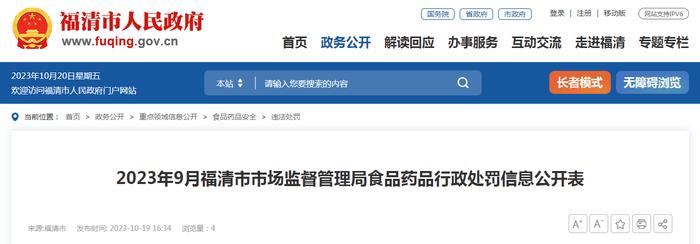 福建省福清市市场监督管理局公开2023年9月食品药品行政处罚信息