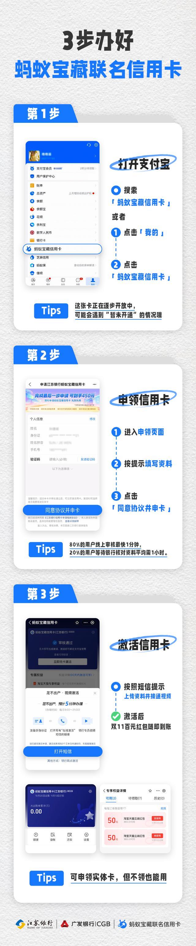 两家银行在支付宝推出联名信用卡，办卡方便而且“双11”在淘宝购物还可多省100元