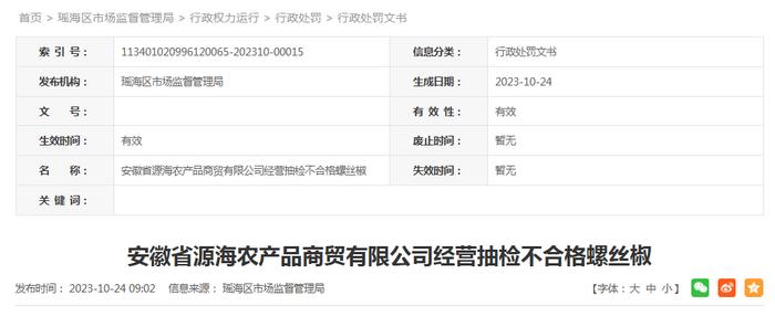 经营抽检不合格螺丝椒   安徽省源海农产品商贸有限公司被处罚