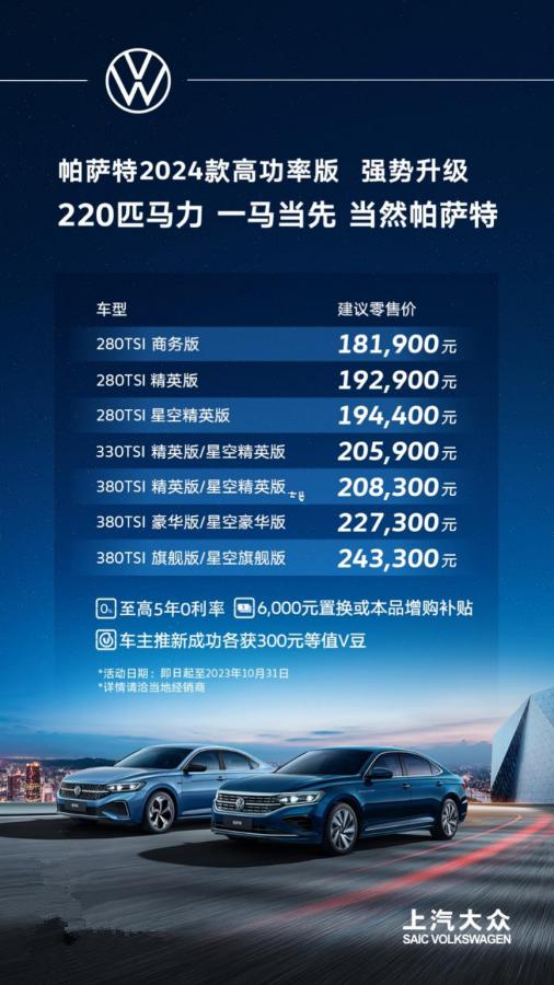 上市丨新增380TSI精英版与星夜蓝色 上汽大众帕萨特2024款18.19万元起