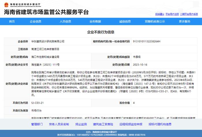 华东建筑设计研究院有限公司涉嫌隐瞒资信业绩参与投标被公示扣分