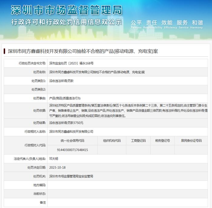 深圳市同方鑫睿科技开发有限公司抽检不合格的产品(移动电源、充电宝)案