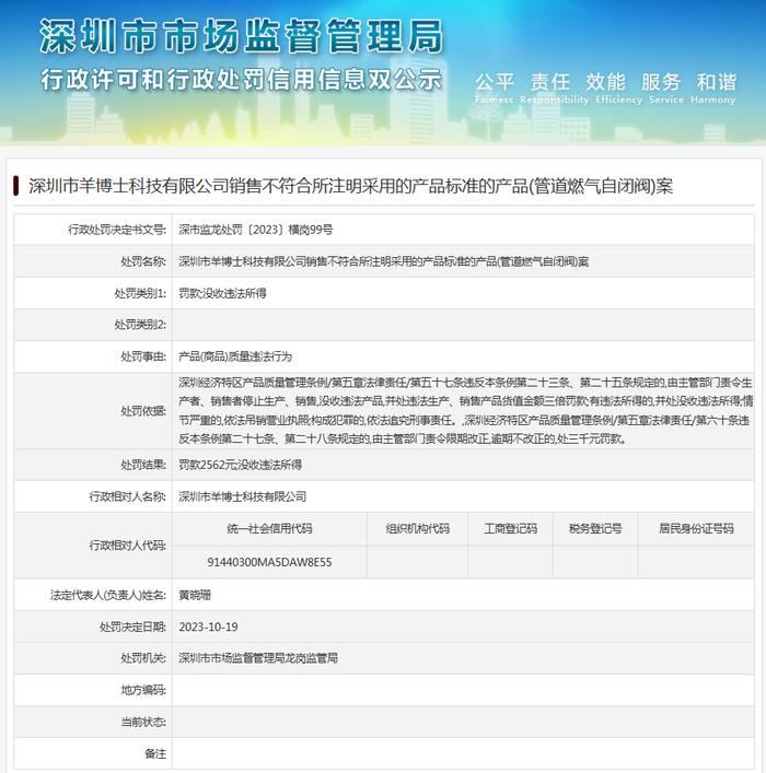 深圳市羊博士科技有限公司销售不符合所注明采用的产品标准的产品(管道燃气自闭阀)案